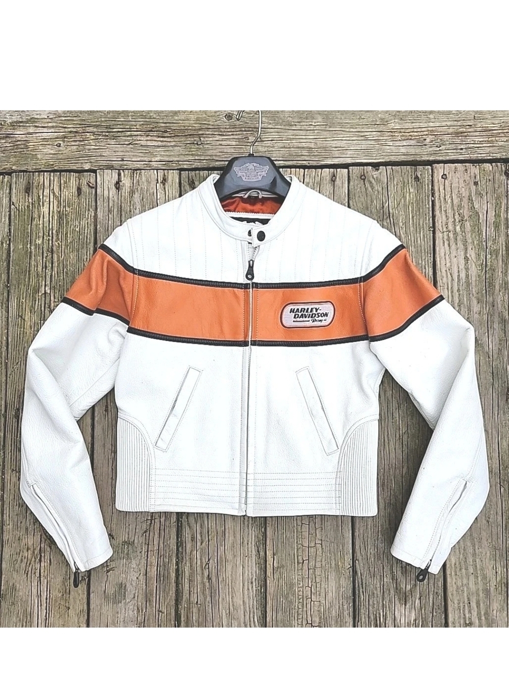 Harley-Davidson White & Orange Leather Motorcycle Jacket SMALL